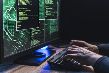 Close-up of Caucasian man hands typing data on a keyboard,seen on a computer monitor