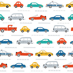 Cute children's seamless pattern with cars, traffic lights and road signs on a white background. Illustration of highway in a cartoon style for Wallpaper, fabric, and textile design. Vector