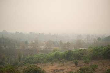 High angle view of the northern of Thailand, The problem of dust in the air (PM 2.5) in Chiang Rai. Smog city from PM 2.5 dust.