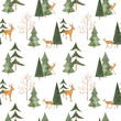 Watercolor hand drawn seamless pattern with spotted deers family in  coniferous forest isolated on white background. Print good for wallpaper, textile, christmas wrapping paper, card, print etc.