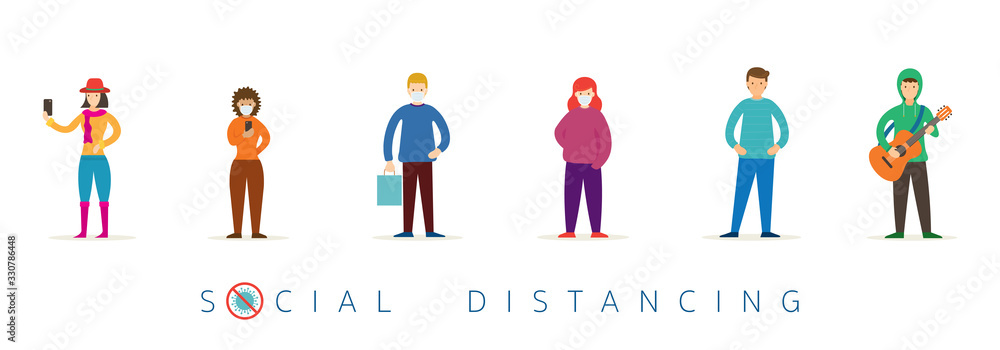 Group of People in Queue, Social Distancing Concept - obrazy, fototapety, plakaty 