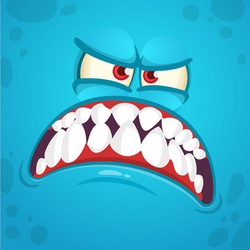 Angry grim cartoon monster face expression. Vector Halloween monster square avatar.