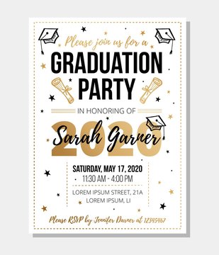 Wall Mural - Graduation party invitation with information vector illustration. Decorated paper with place and time details flat style design. Traditional ceremony concept