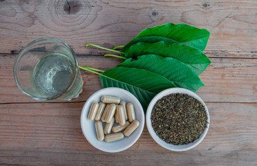 capsule and powder in white bowl on kratom leaf (Mitragyna speciosa) Mitragynine on wooden ,Drugs and Narcotics,Thai herbal which encourage health