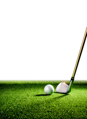 Wall Mural - Vertical image with golf club and golf ball on the turf with white wall in the background