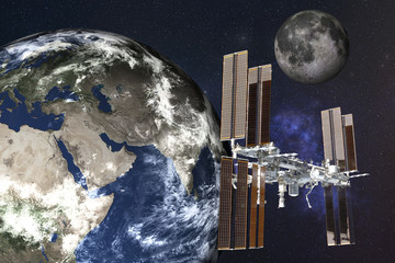 Wall Mural - planetary station satelite near planet earth with moon of solar system in outer space. planetary con