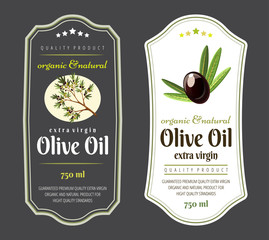 Set of flat labels and badges of olive oil. Vector illustrations for olive oil labels, packaging design, natural products, restaurant. Olive oil labels. Hand drawn templates for olive oil packaging