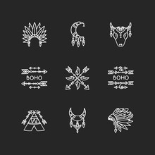 Native American Accessories Chalk White Icons Set On Black Background. Tribe Chief Hat And Teepee. Crescent Moon, Arrows And Feathers Charm. Isolated Vector Chalkboard Illustrations