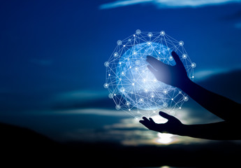 abstract science, circle global network connection in hands on night sky background / blue tone conc