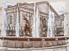 Imitation Of A Picture. Oil Paint. Illustration. Moscow. Fountain. Manezhnaya Square  And Alexander Garden