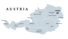 Austria, Gray Colored Political Map, With The Capital Vienna, Nine Federated States, The Capitals And Borders. English Labeling. Isolated Illustration On White Background. Vector.