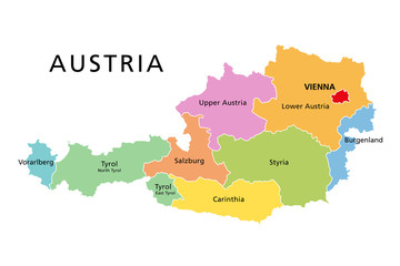 Wall Mural - Austria, political map, with colored federated states, the capital Vienna and the borders. English labeling. Isolated illustration on white background. Vector.