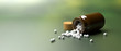 Glass container and homeopathic pills on blur green nature background. 3d illustration