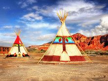 Native American Indian Tepees Tents In Desert Landscape USA