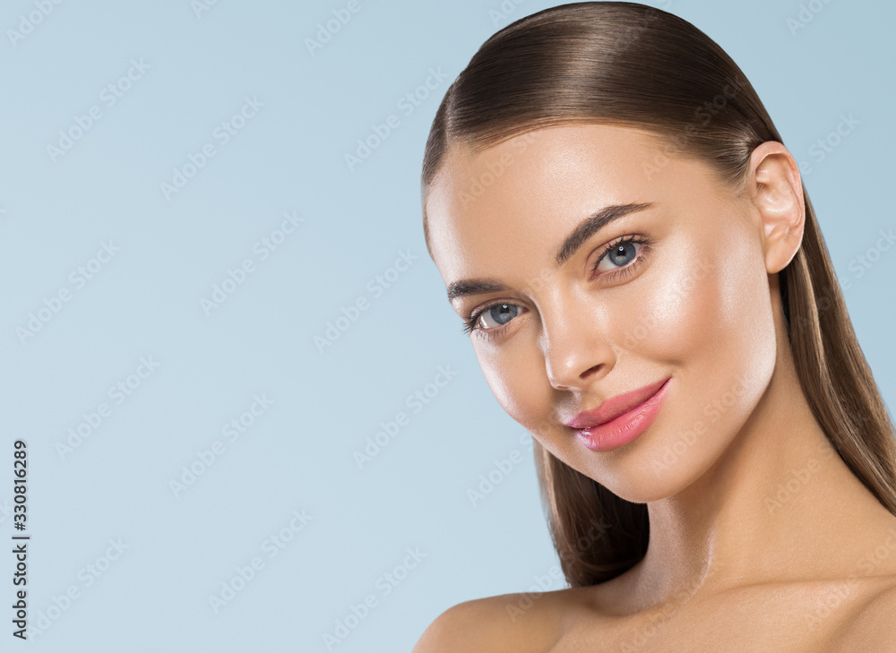 Shine clean skin woman beauty portrait smooth long hair cosmetic spa - obrazy, fototapety, plakaty 