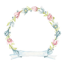 Round Frame With Vintage Spring Blue And Pink Flowers And Blue Banner Ribbon Isolated On White Background. Watercolor Hand Drawn Illustration