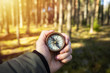 Compass in a hand with blurred trees background. Hiker searching direction with a compass in the forest. Copy space.