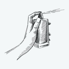 Wall Mural - Hand-drawn sketch of female hand on a white background holding a parfume bottle and spraying it in the air.