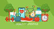© girafchik - Healthy lifestyle concept. Fitness and diet banner design with food and sport equipment. Vector illustration