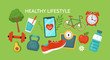 © girafchik - Healthy lifestyle concept. Fitness and diet banner design with food and sport equipment. Vector illustration