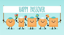 Passover Holiday Banner Design With Matzah Funny Cartoon Characters.