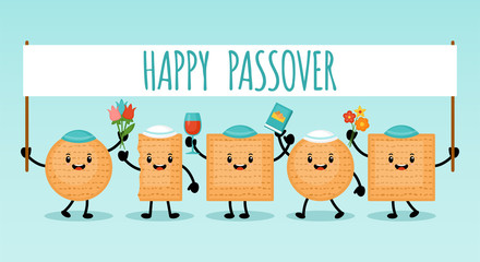 Passover holiday banner design with matzah funny cartoon characters.