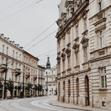 Fototapeta Miasto - Budapest, Hungary 2019. Wide street and buildings in historical place of Budapest, Hungary. Architecture city travel concept. Neutral colors.