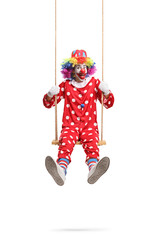 Wall Mural - Cheerful funny clown playing on a wooden swing