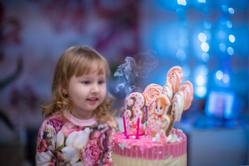 birthday. a happy little girl blows out the candles on the birthday cake.