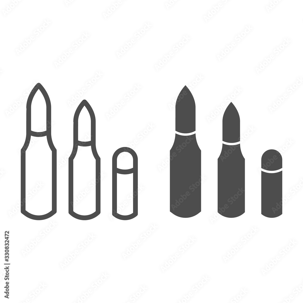 Bullets line and solid icon. Weapon bullet cartridge, gunshot ...