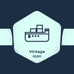 Grunge line Oil tanker ship icon isolated on blue background. Monochrome vintage drawing. Vector Illustration