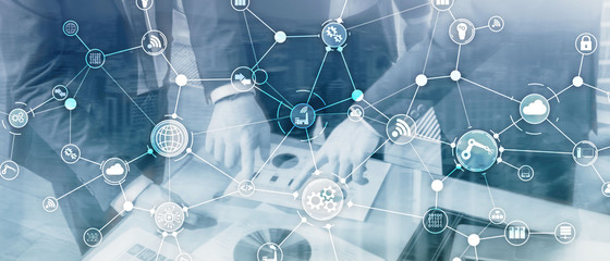 Wall Mural - technology industrial business process workflow organisation structure on virtual screen. iot smart 