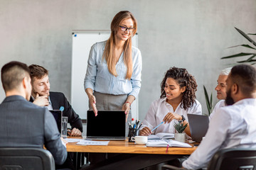 Businesswoman Giving Speech Presenting Project To Coworkers In Office, Mockup