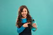 © be free - Carry refillable bottle everywhere. Living healthy life. Health and water balance. Girl hold water bottle. Kid girl long hair has water bottle. Water balance concept. Drink some liquids. Ecology