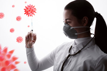 Portrait of young female doctor with vaccine shot in hand. Woman in protective medical respirator. Nurse with injection or syringe. Coronavirus 2019-nCov. Abstract virus strain model of MERS-Cov.