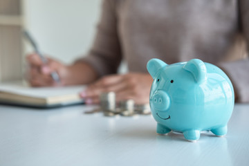 Young woman and piggy bank to planning growing saving strategy with pile coins for future plan fund of travel, education, home and retirement