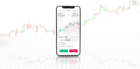 Stock exchange smartphone app with general info shown on screen on white background and UI (3D Illustration)