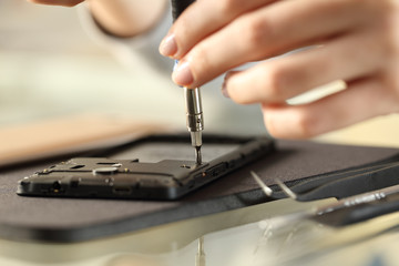 Wall Mural - Woman removing screws on a smart phone on a desk