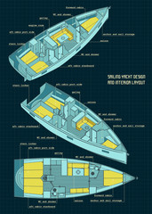 Sailing yacht design and interior layout color blueprints
