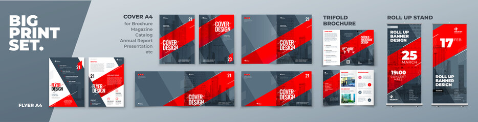 Wall Mural - Corporate Identity Print Template Set of Brochure cover, flyer, tri fold, report, catalog, roll up banner. Branding design. Business stationery background design collection.