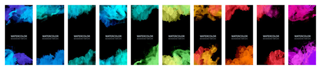 Wall Mural - Big set of bright vector colorful watercolor on vertical black background for poster or flyer