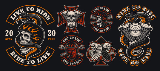 set of colorful biker emblems