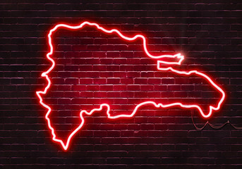 Wall Mural - Neon sign on a brick wall in the shape of Dominican Republic.(illustration series)