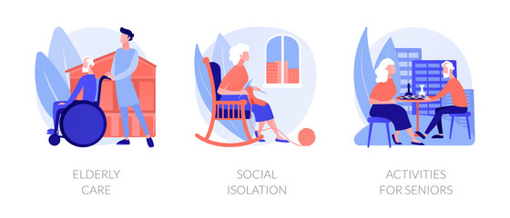 Wall Mural - Senior people support flat icons set. Pensioners loneliness problem. Elderly care, social isolation, activities for seniors metaphors. Vector isolated concept metaphor illustrations.