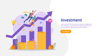 Business investment concept. dollar pile coin, people character, money object. graphic chart increase. Financial growth rising up to success. flat design landing page template vector illustration