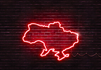 Wall Mural - Neon sign on a brick wall in the shape of Ukraine.(illustration series)