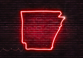 Wall Mural - Neon sign on a brick wall in the shape of Arkansas.(illustration series)