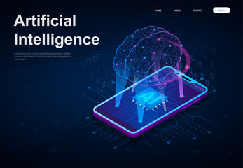 Wall Mural - artificial intelligence or ai concept with a network style brain suspended above a digitial device b