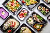 Fototapeta  - Zdrowa dieta pudełkowa sniadanie obiad lunch box, na dowóz, na wynos, pełnowartościowy, zbilansowany fit posiłek na cały dzień 