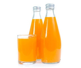 Orange juice in glass bottle isolated on white background